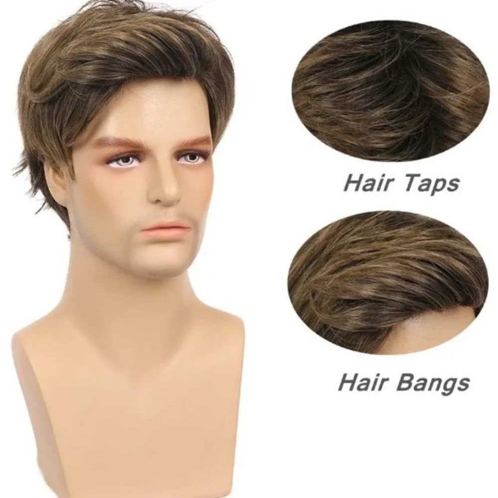 Mens Short Straight Brown mix Natural Wigs